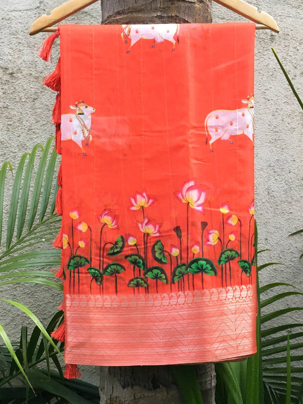 Coral Organza Pichwai Print Saree with floral design