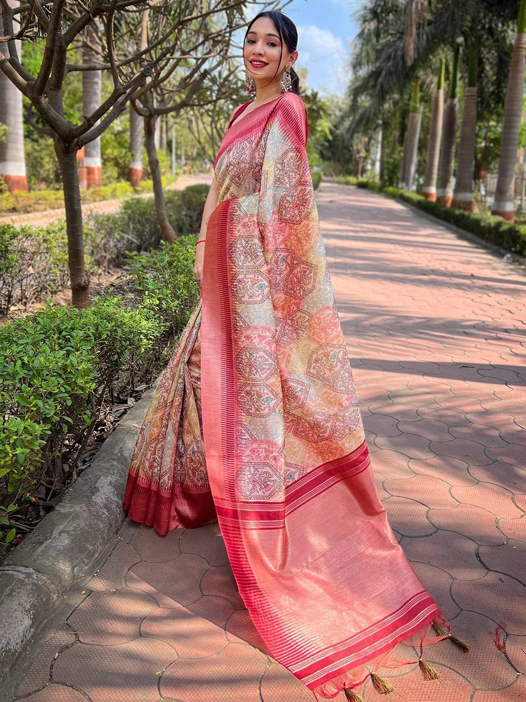 Stylish Tussar silk saree featuring Madhubani Kalamkari patterns