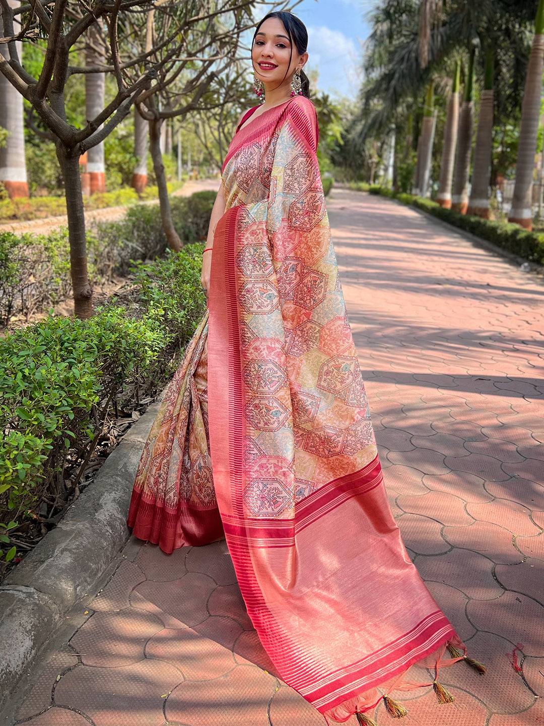 Slub Tussar Silk Madhubani Kalamkari Block Print Saree