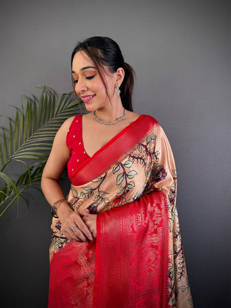 Peach Kalamkari Printed Soft Satin Saree
