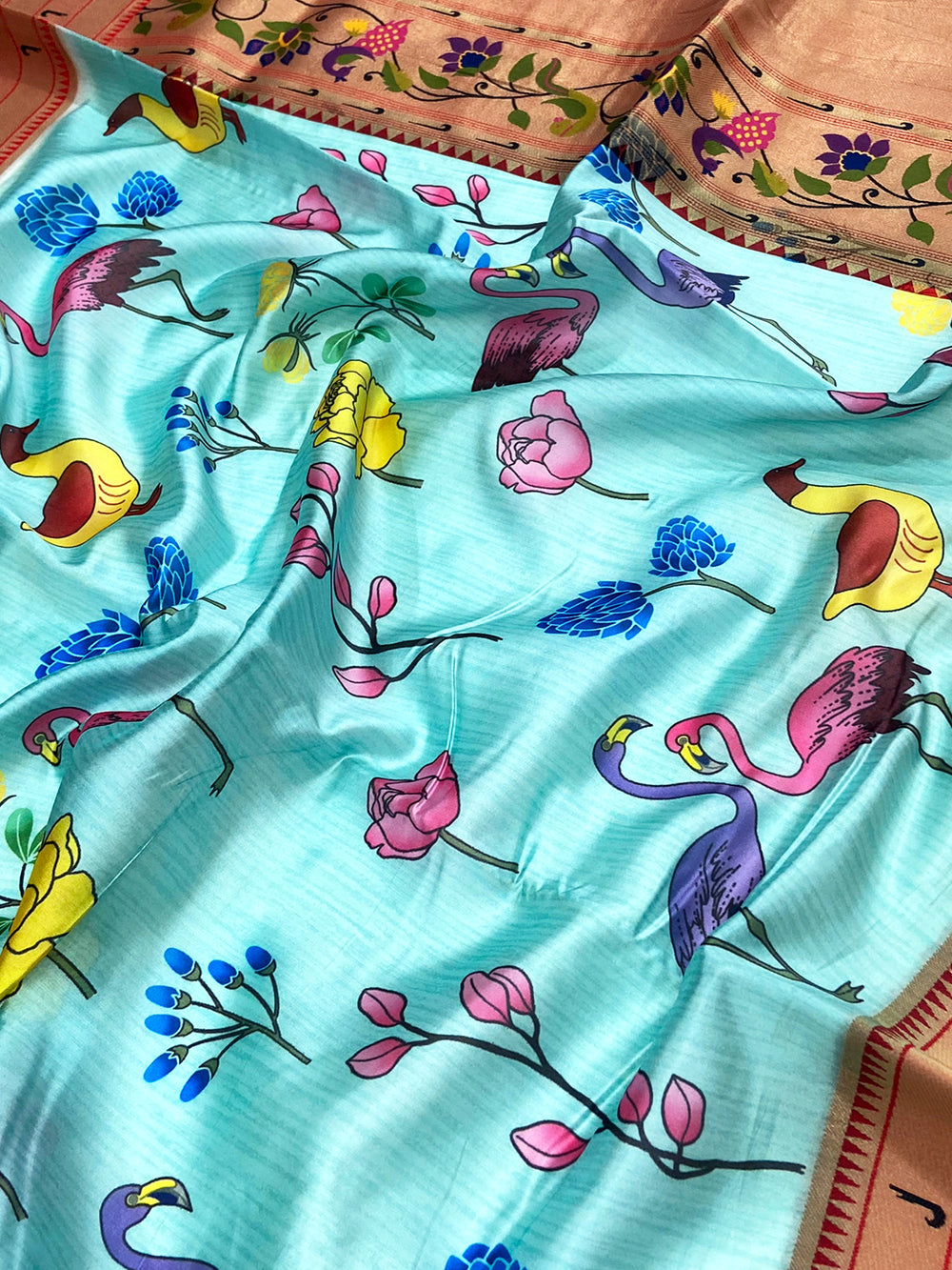 Turquoise Paithani Pallu Digital Print Saree