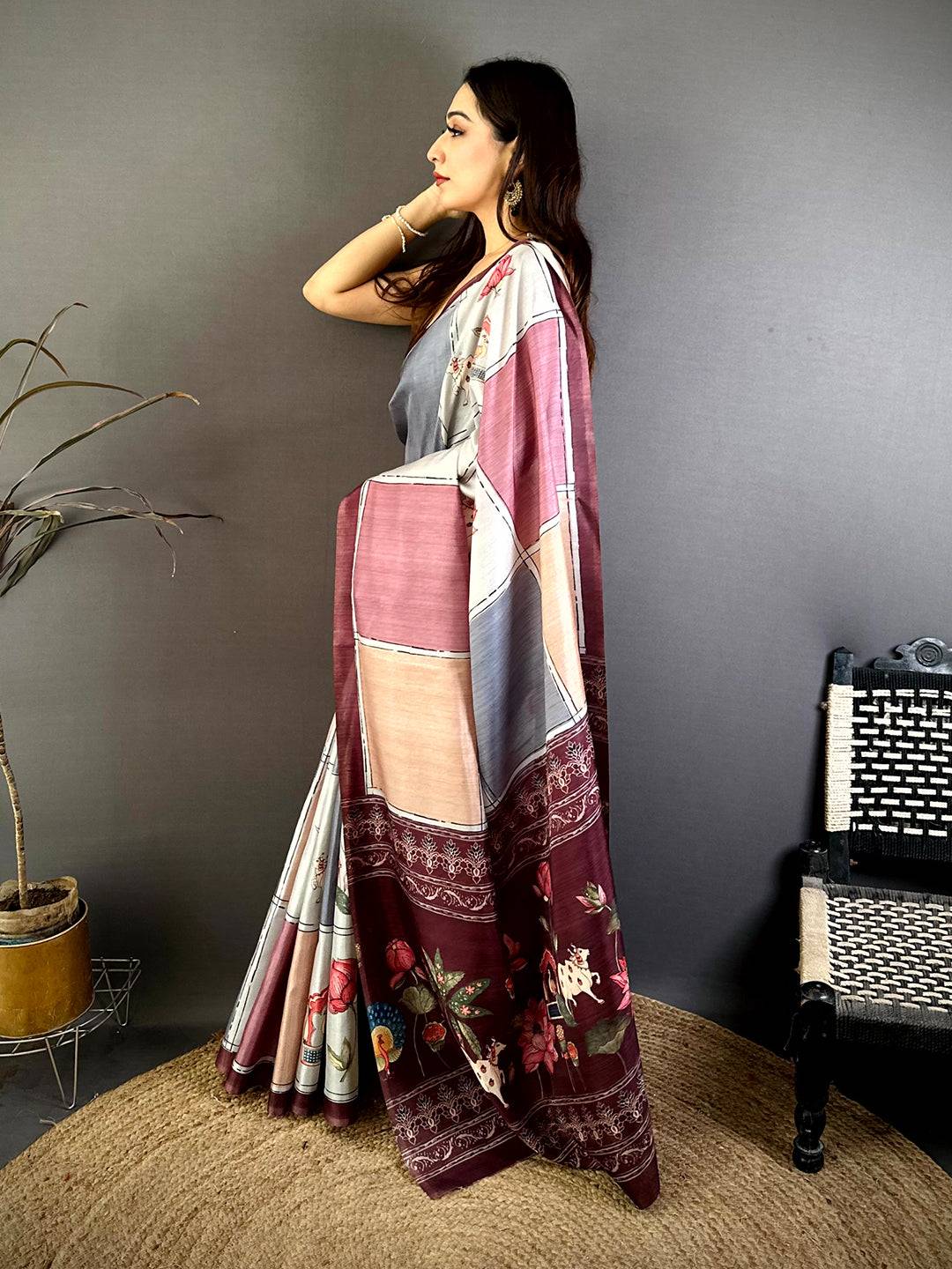 Artisan Tussar Contrast Kalamkari Pallu Saree