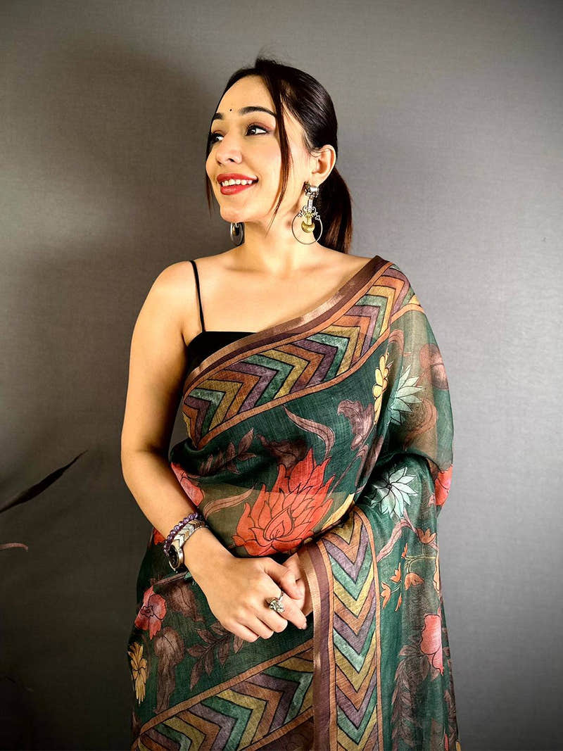 Green Kalamkari Linen Chanderi Saree