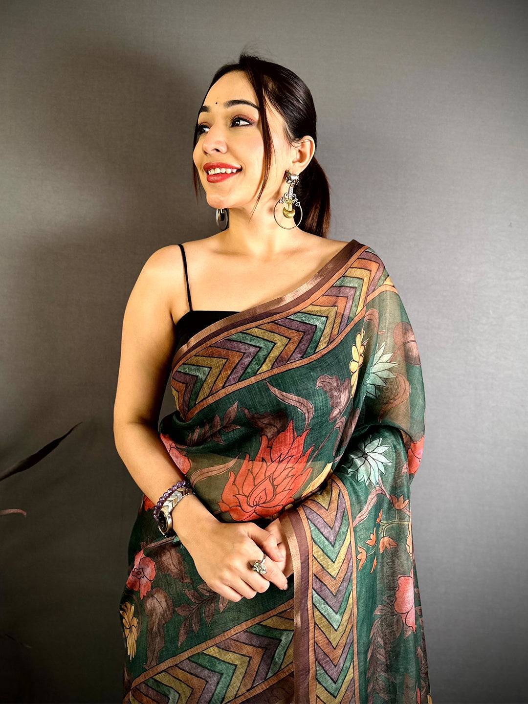 Green Kalamkari Linen Chanderi Saree