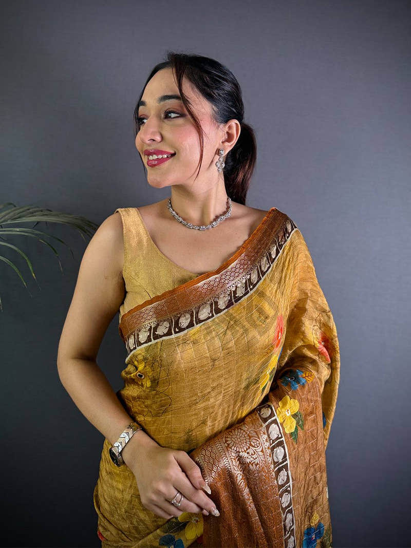 Honey Yellow Floral Printed Viscose Saree