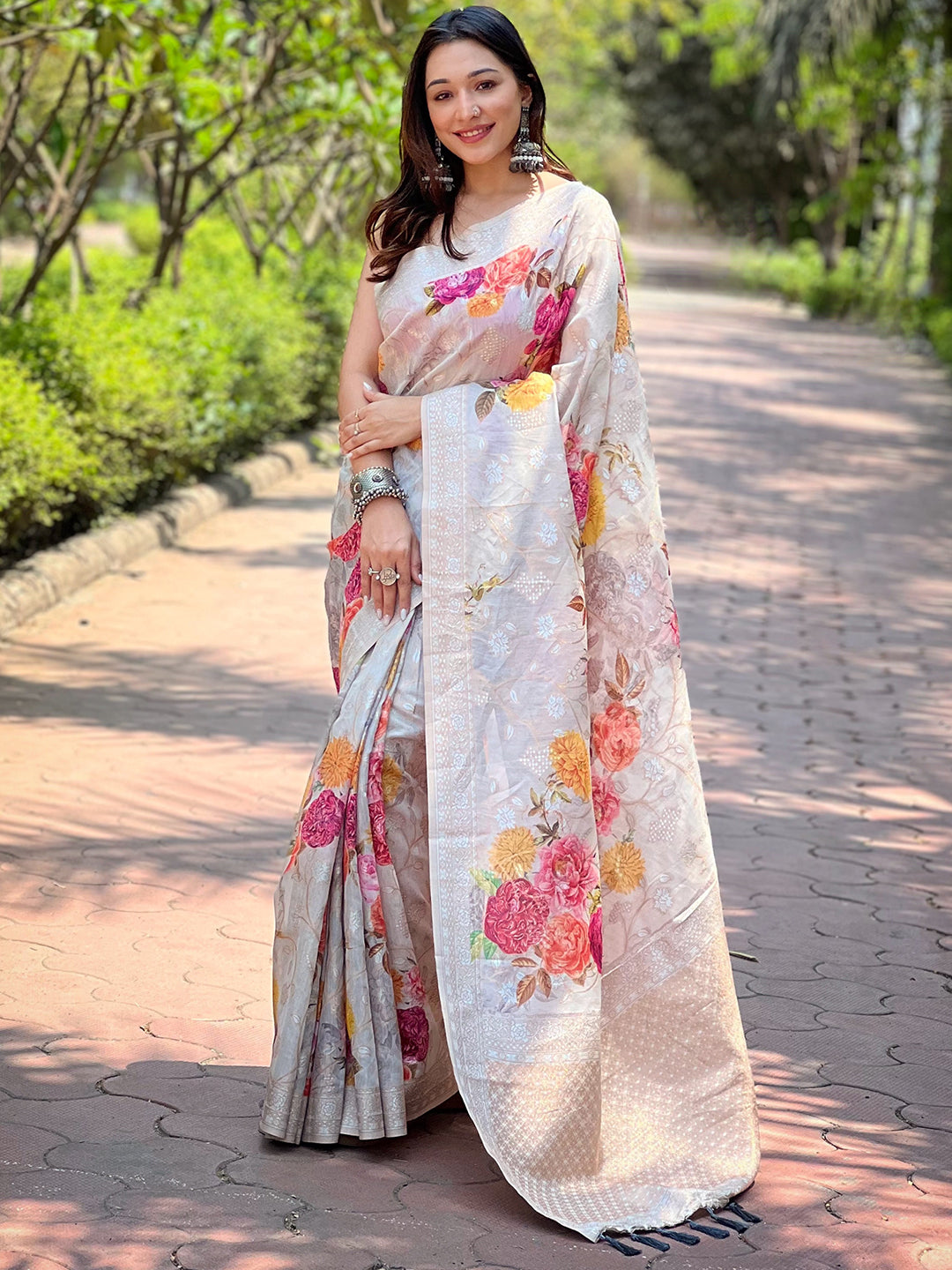 Grey Silk Saree With Lakhnavi Bandla Zari And Digital Floral Print