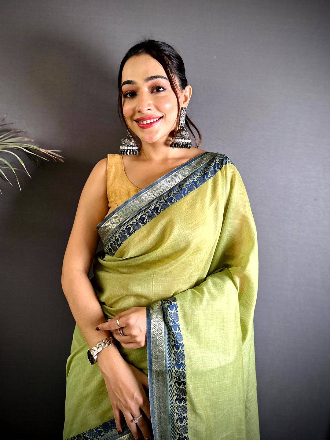 Pure Olive Cotton Linen Saree