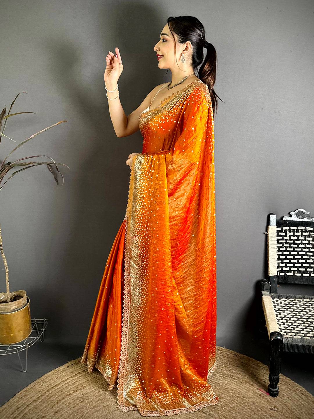 Stylish Golden Sequinne Work Silk Tissue Saree
