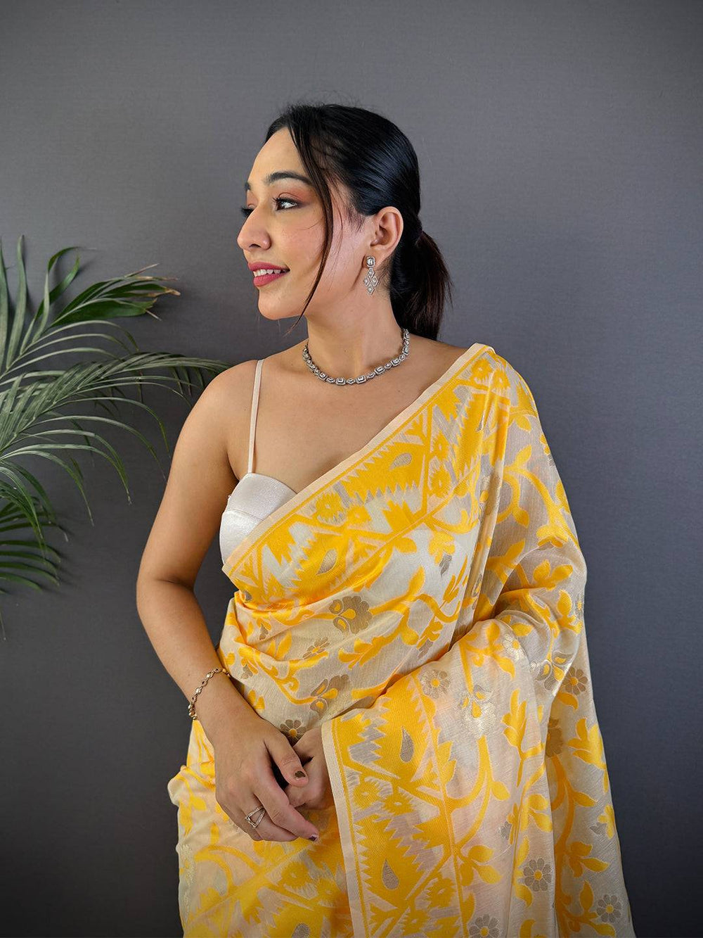Yellow Soft Cotton Silk Jamdani Vally Saree