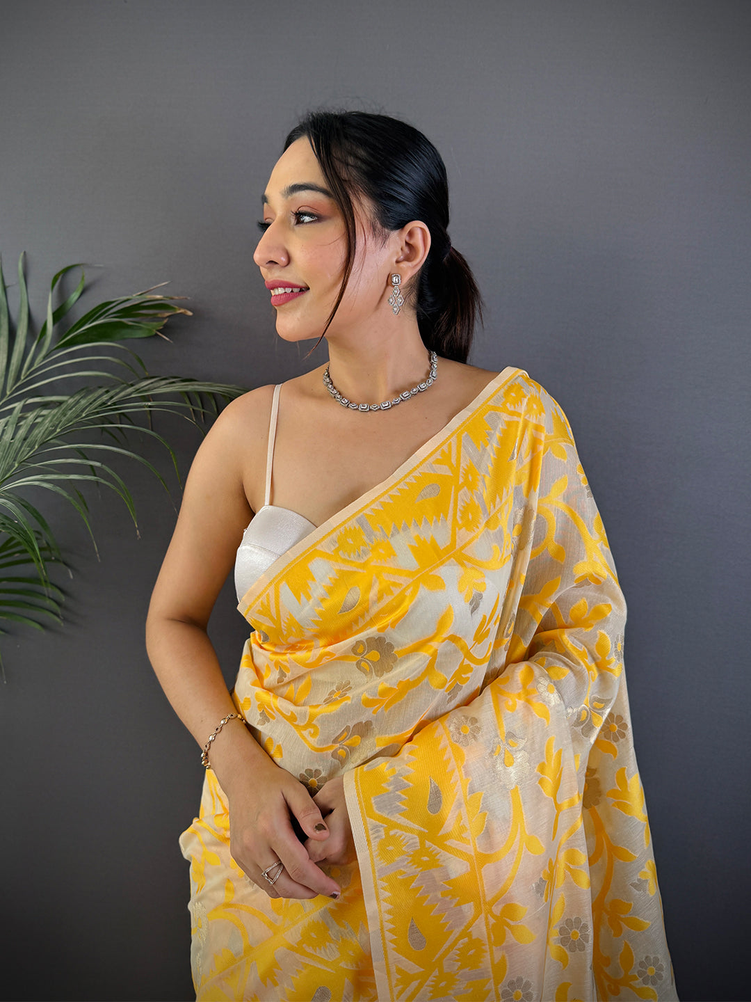 Yellow Soft Cotton Silk Jamdani Vally Saree