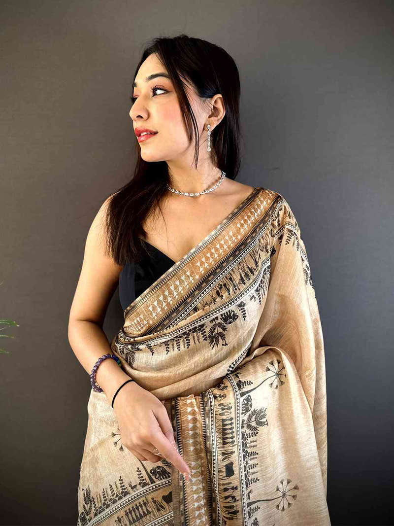 Beige Warli Print Tissue Chanderi Saree