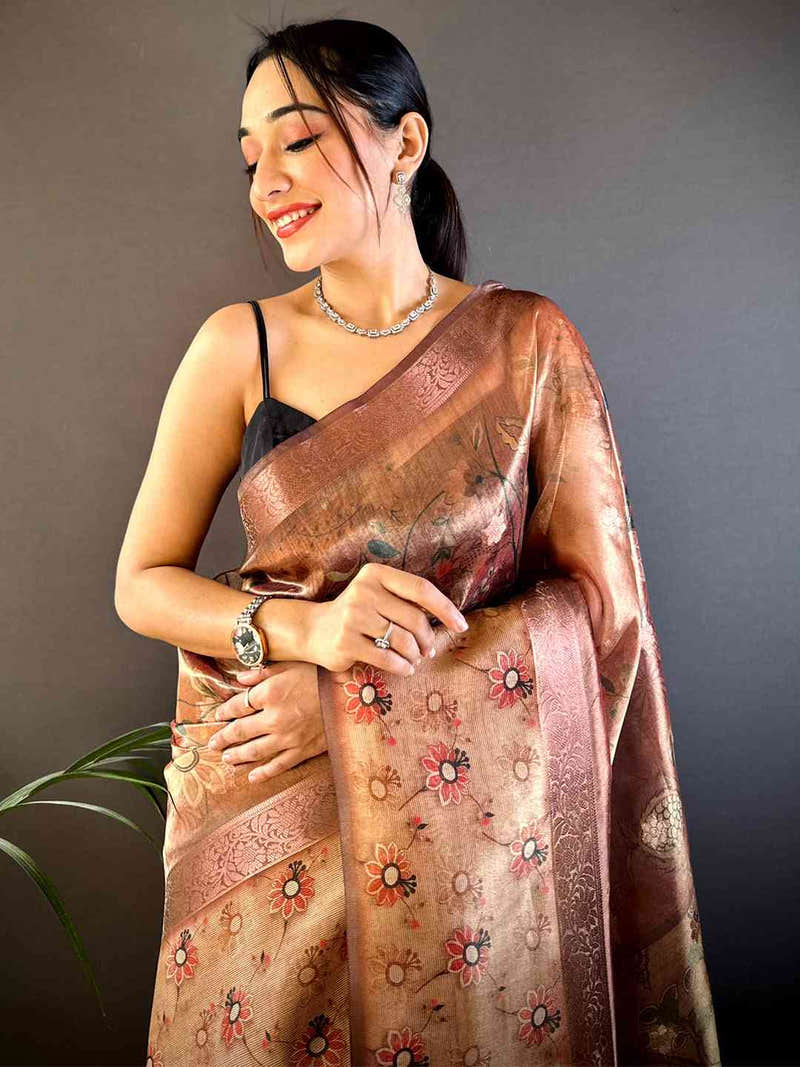Maroon Floral Satin Bentex Border Saree
