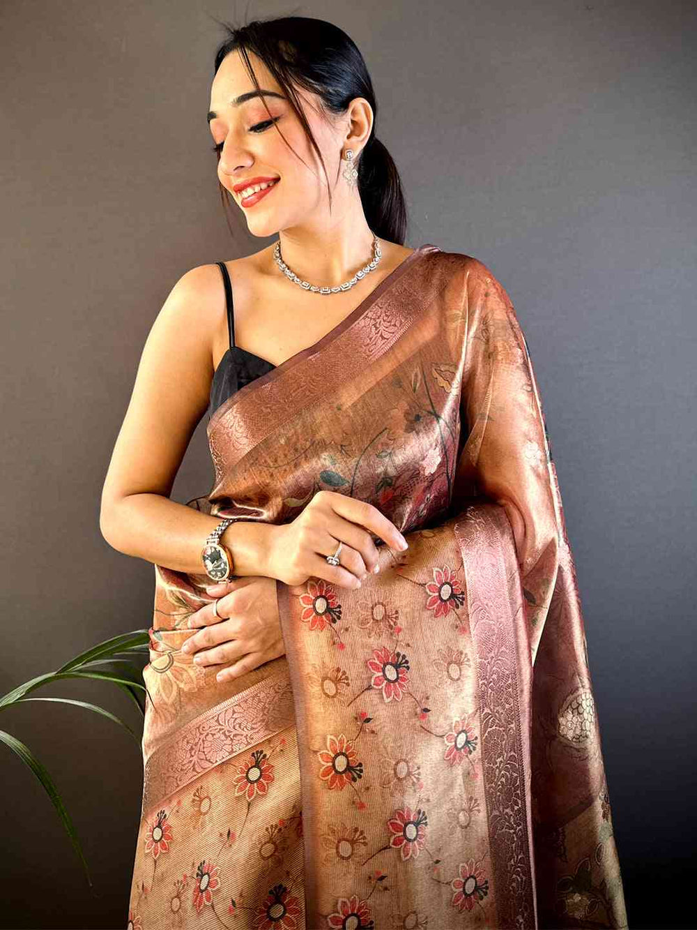 Maroon Floral Satin Bentex Border Saree