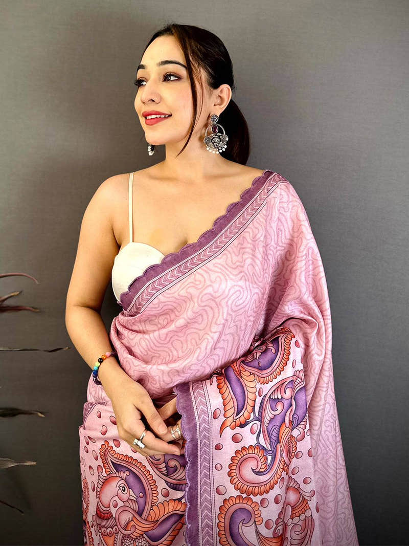 Lavender Kalamkari Tussar Cutwork Saree