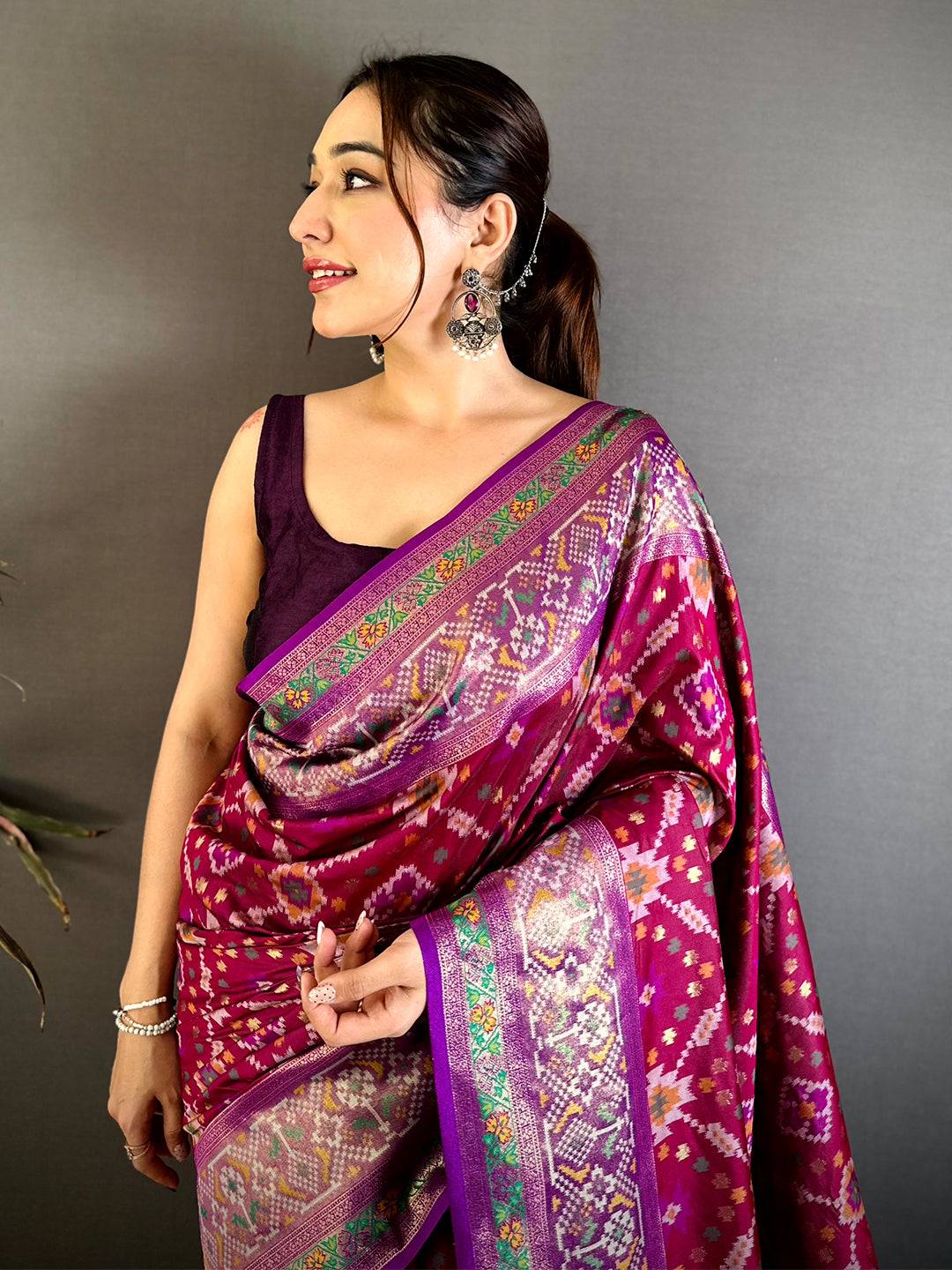 Wine Soft Semi Silk Double Ikkat Patola Saree