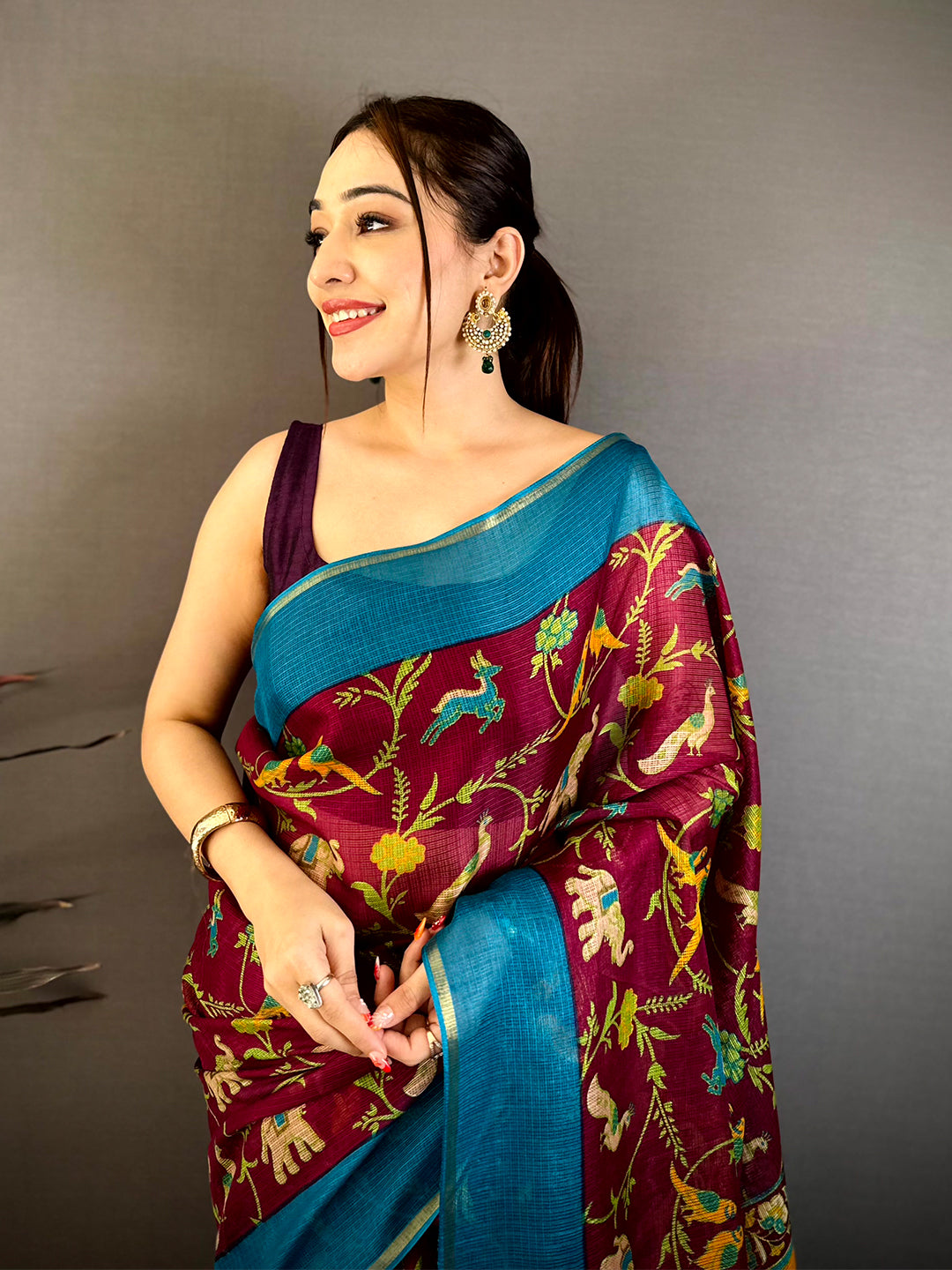 Wine Kota Doriya Block Print Saree
