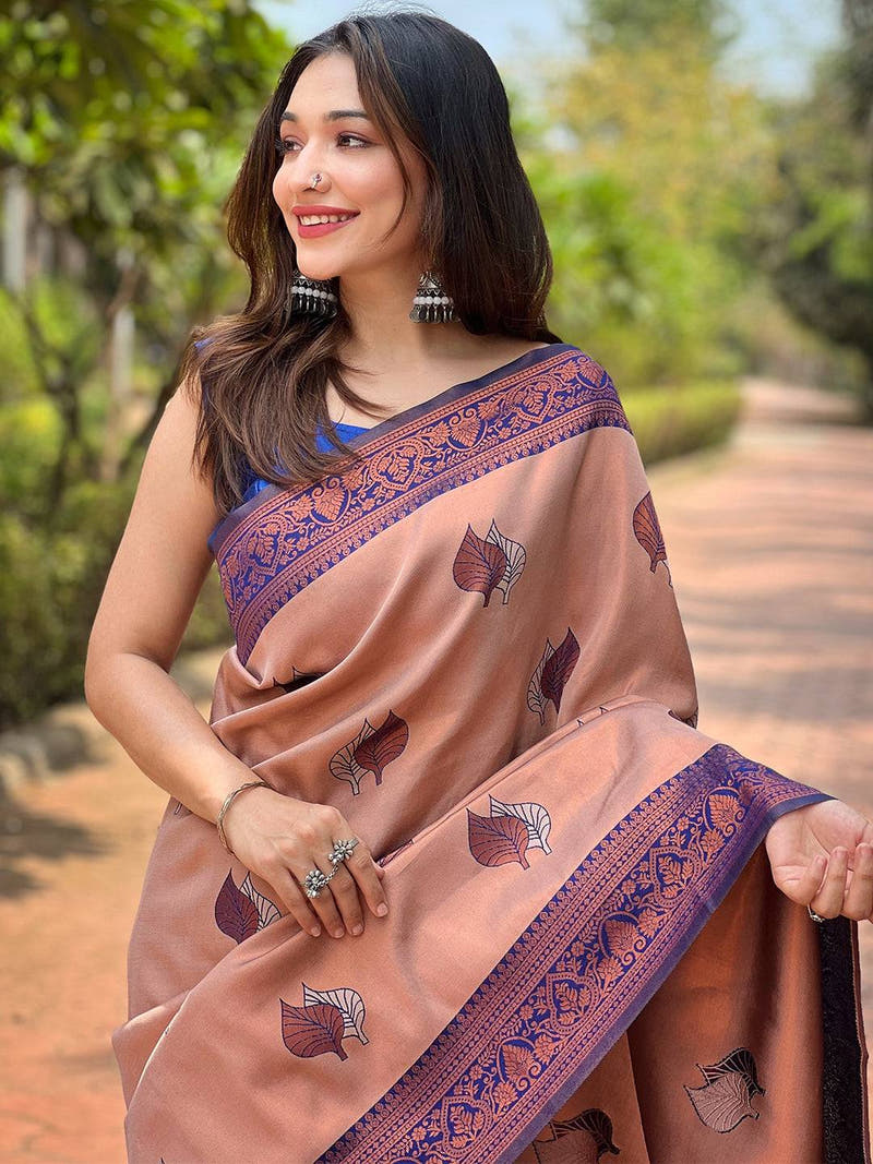 Pastel Peach Kanjivaram Tissue Saree With Gold Zari Weaving
