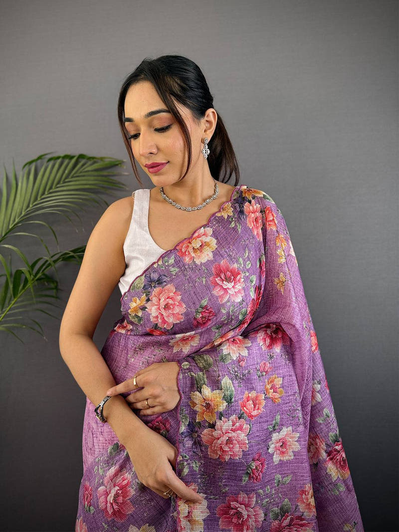 Lavender Kota Doriya Floral Cut Work Saree