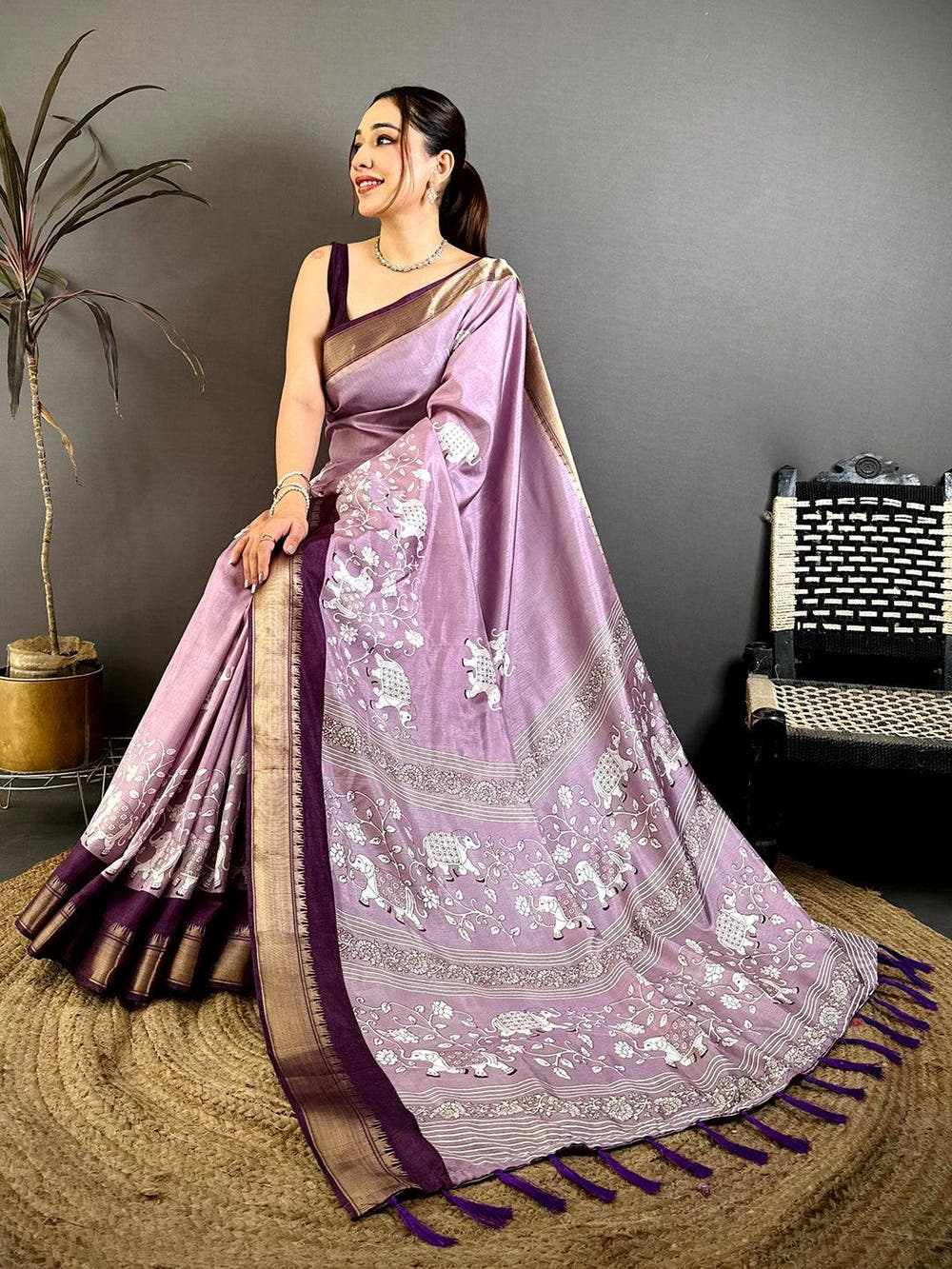 Lavender Soft Dola Block Kalamkari Zari Saree