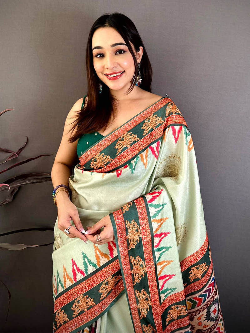 Pista Tanjore Ikkat Digital Tussar Saree