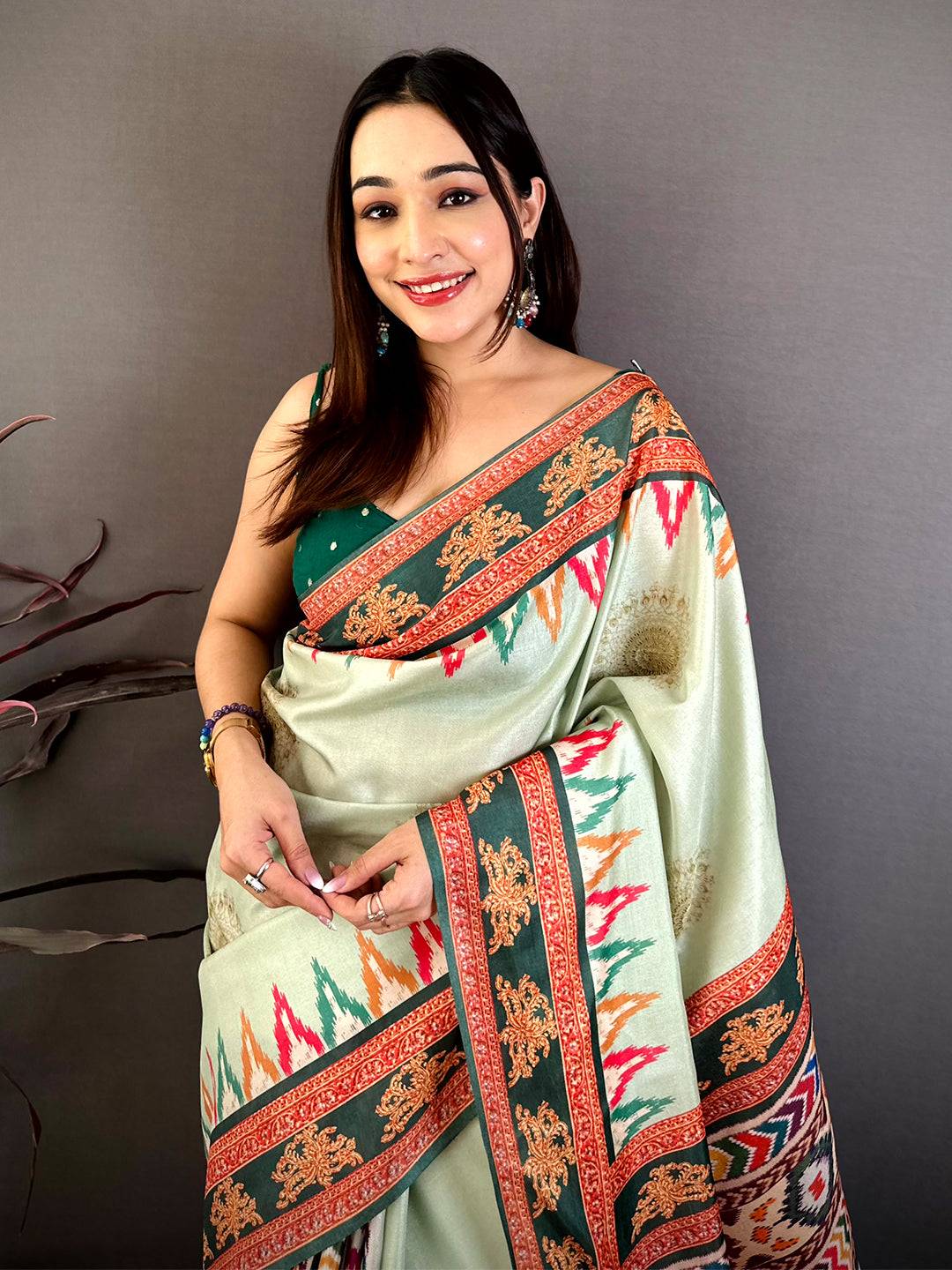 Pista Tanjore Ikkar Digital Tussar Saree