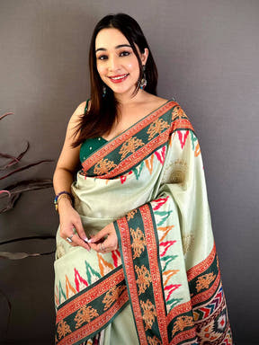 Pista Tanjore Ikkar Digital Tussar Saree