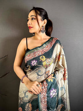 Stylish Tussar Kalamkari Art Saree