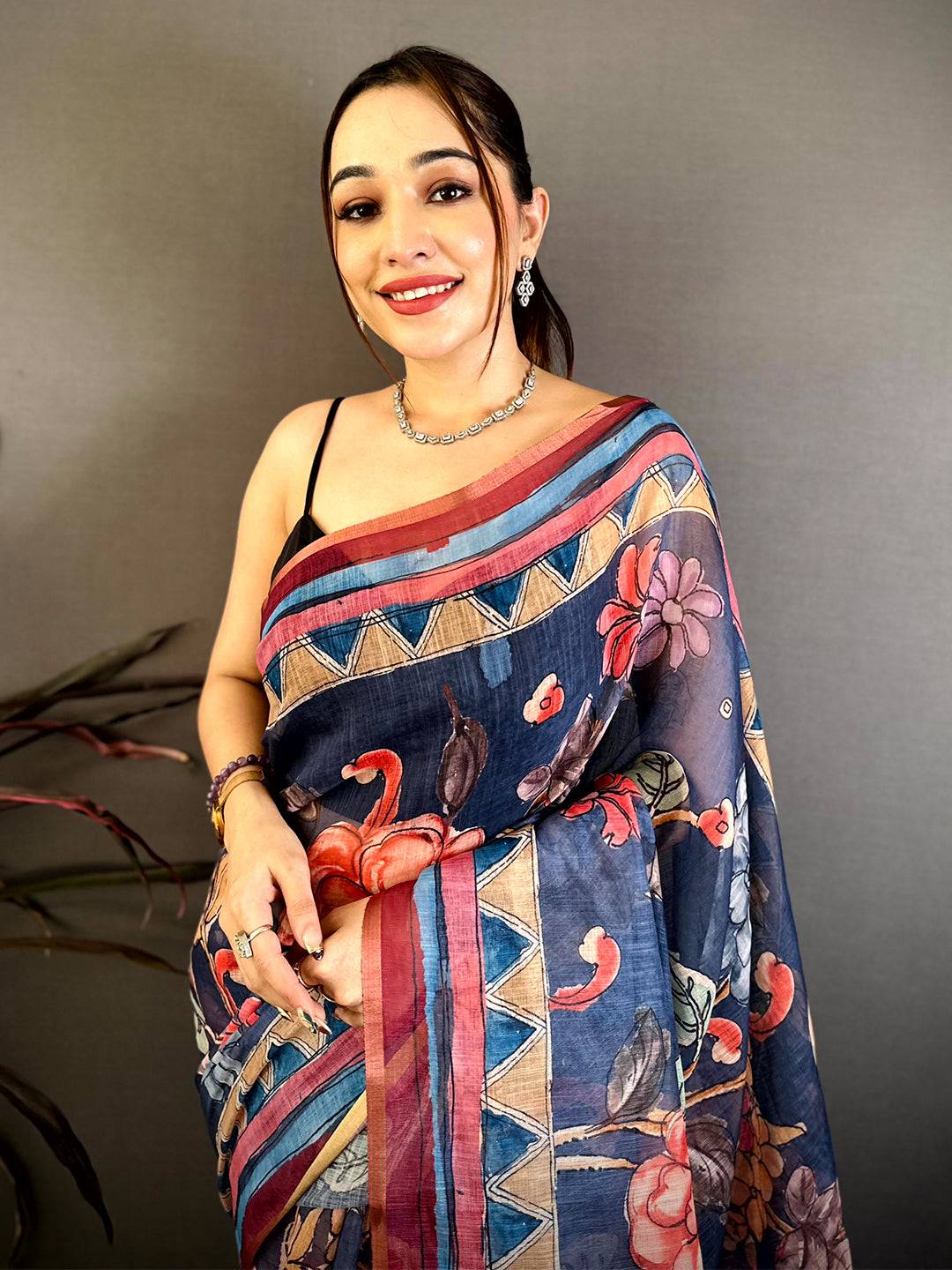 Navy Free Hand Floral Linen Saree