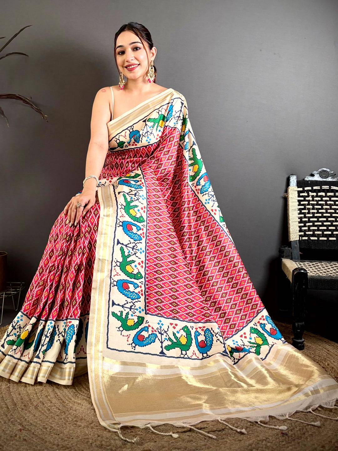 Pink Soft Kanchi Silk Ikkat Patola Saree