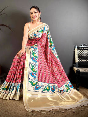 Pink Soft Kanchi Silk Ikkat Patola Saree
