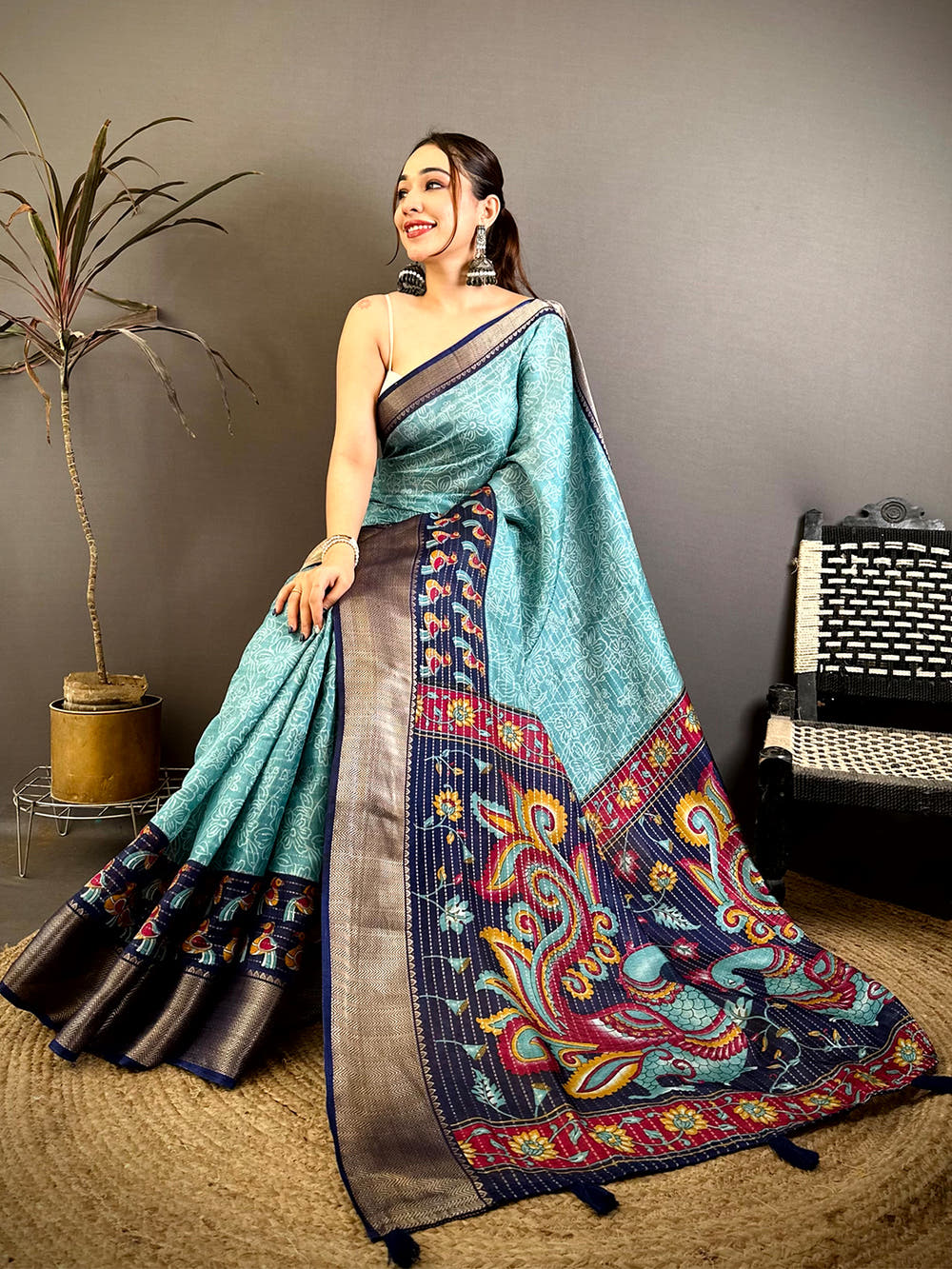 Royal Zari Katha Pattern Kalamkari Saree