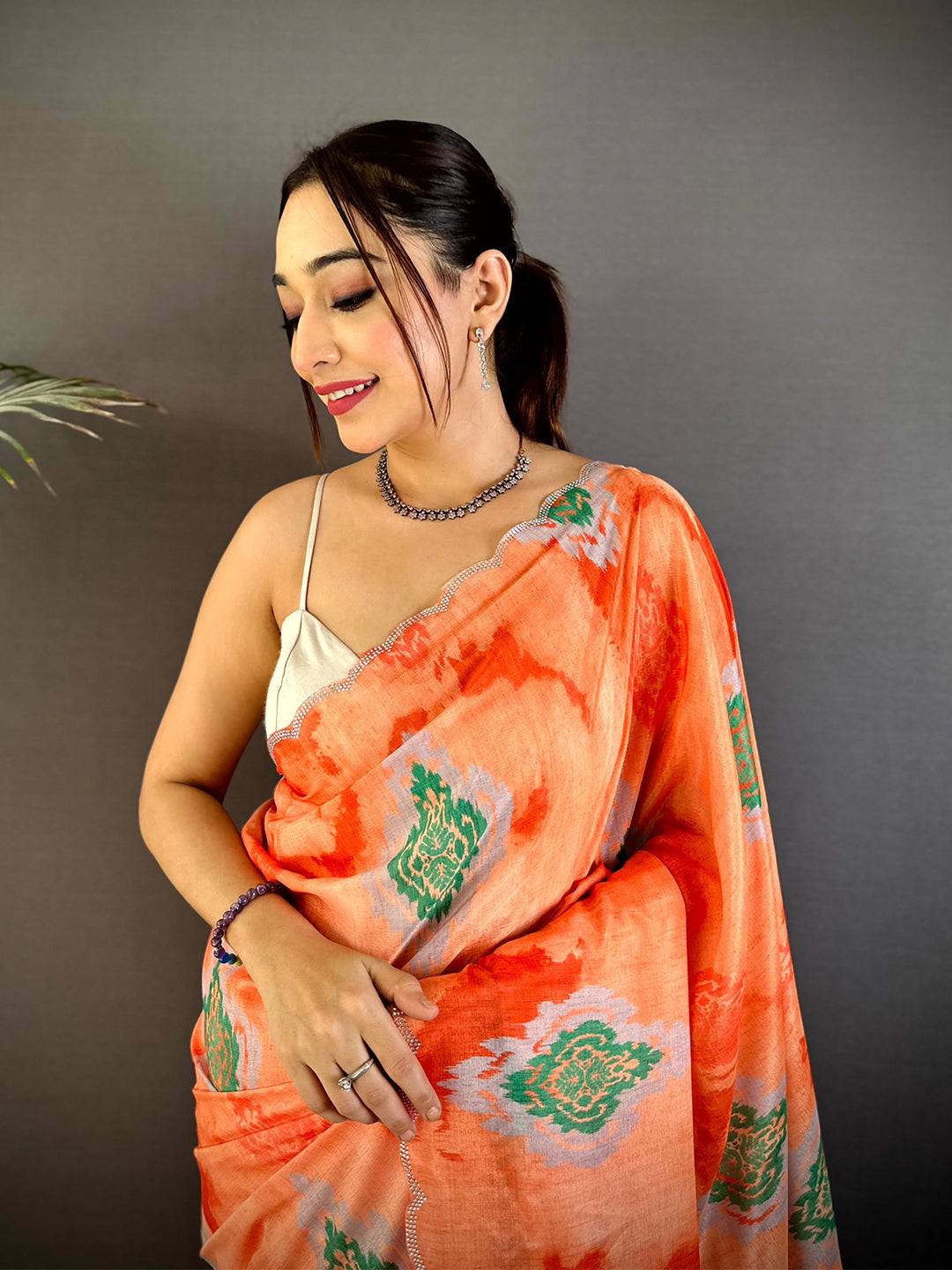 Stylish Stone Work Chinnon Floral Saree
