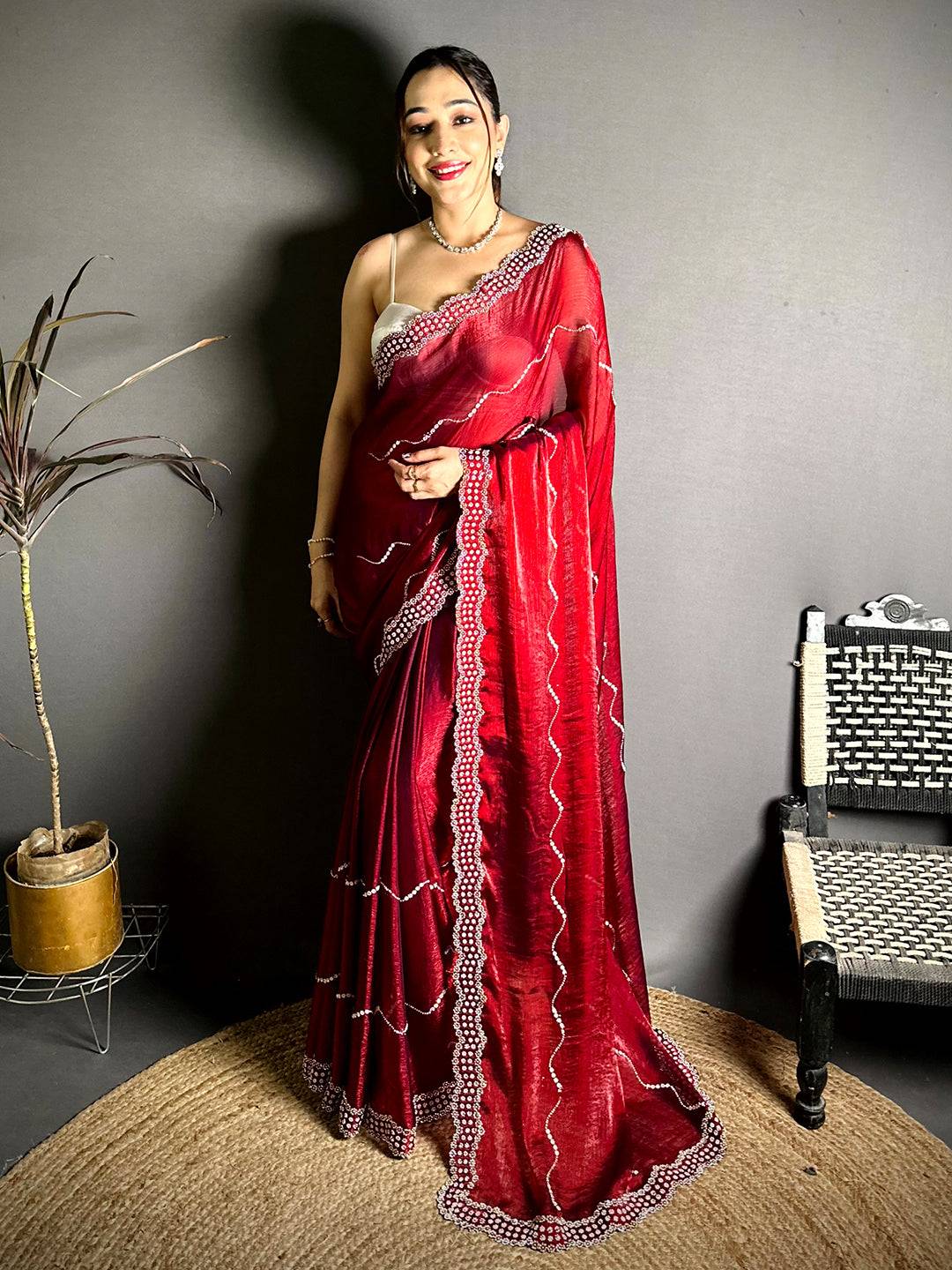 Red Pearl Stone Chiffon Satin Saree