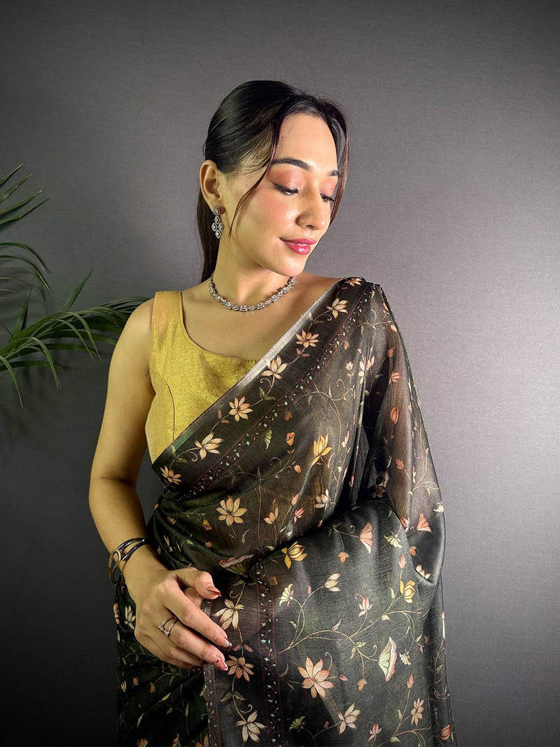 Olive Green Linen Jute Digital Print Saree