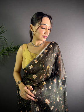 Olive Green Linen Juth Digital Print Saree