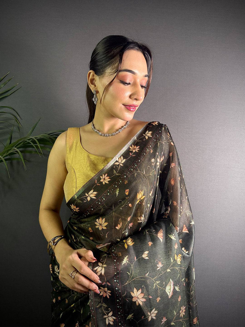 Olive Green Linen Juth Digital Print Saree