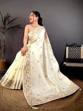 White Aari Bird Work Soft Satin Saree