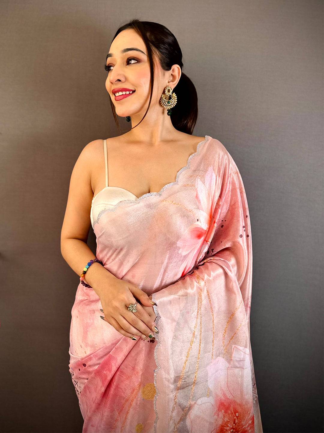 Elegant Peach Floral Soft Chiffon Saree