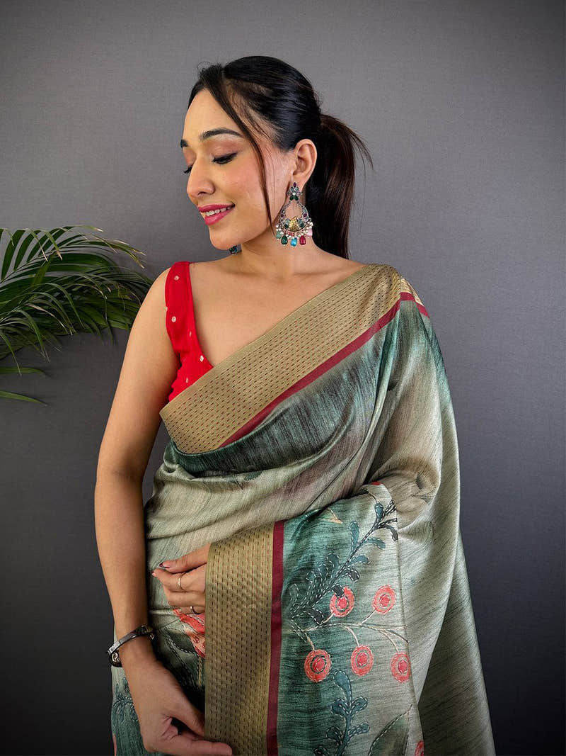 Rama Tussar Silk Digital Print Saree