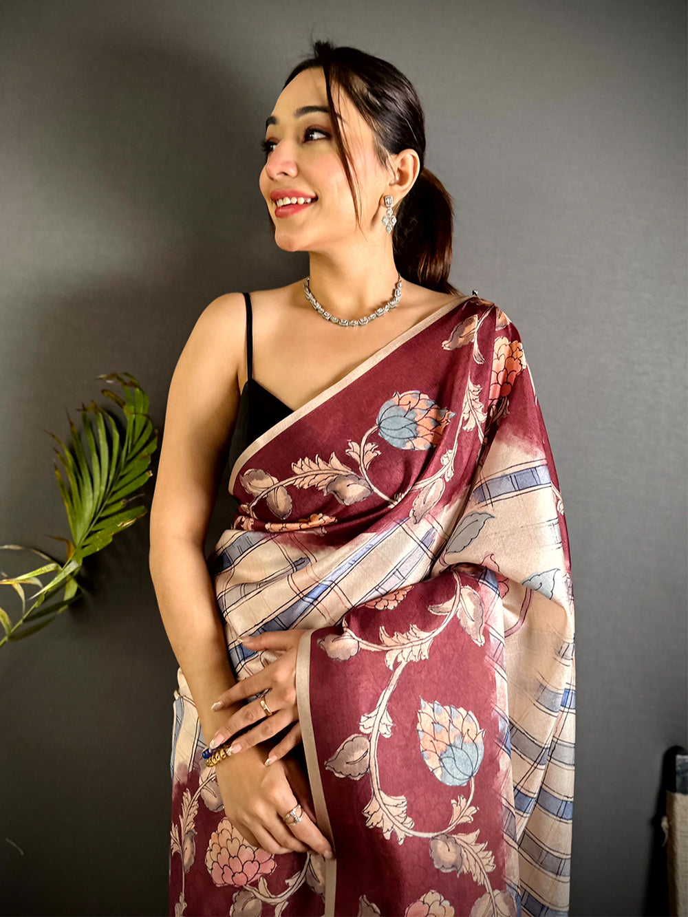 Artistic Chex Kalamkari Tussar Saree