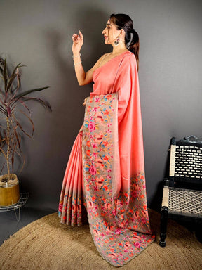 Coral Bird Print Tussar Festive Saree

