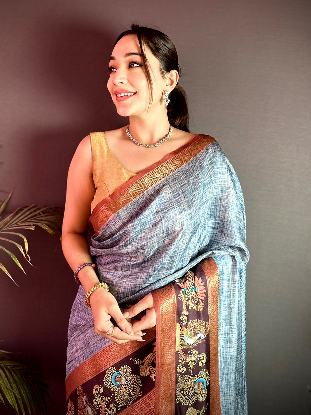 Regal Tanjore Art Khadi Semi Silk Saree