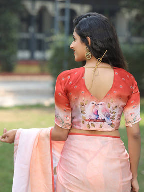 Stylish Satin Georgette Peach Colour Hand Print Saree