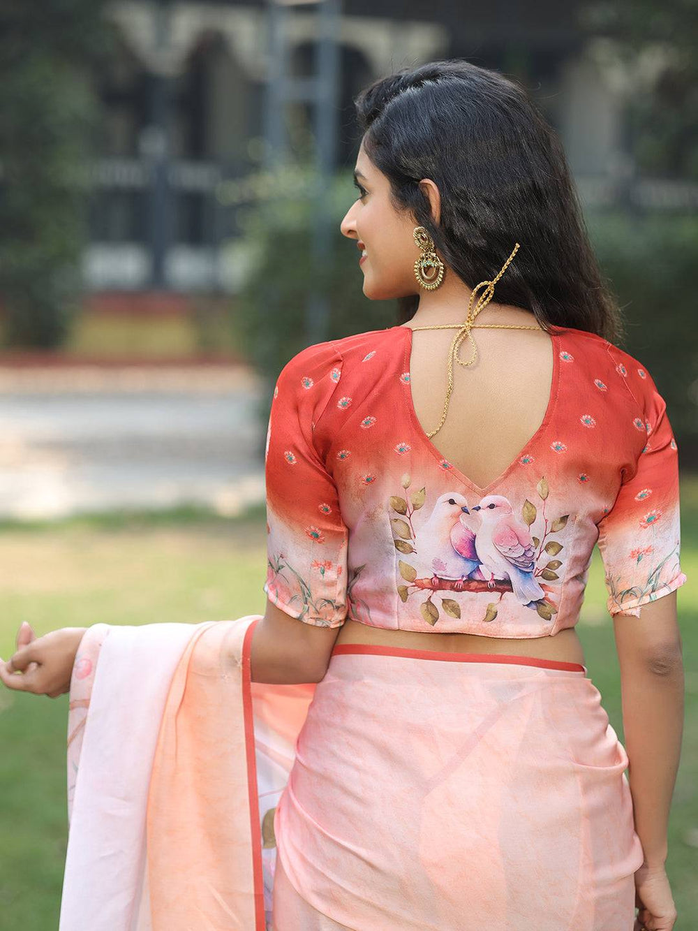 Stylish Satin Georgette Peach Colour Hand Print Saree