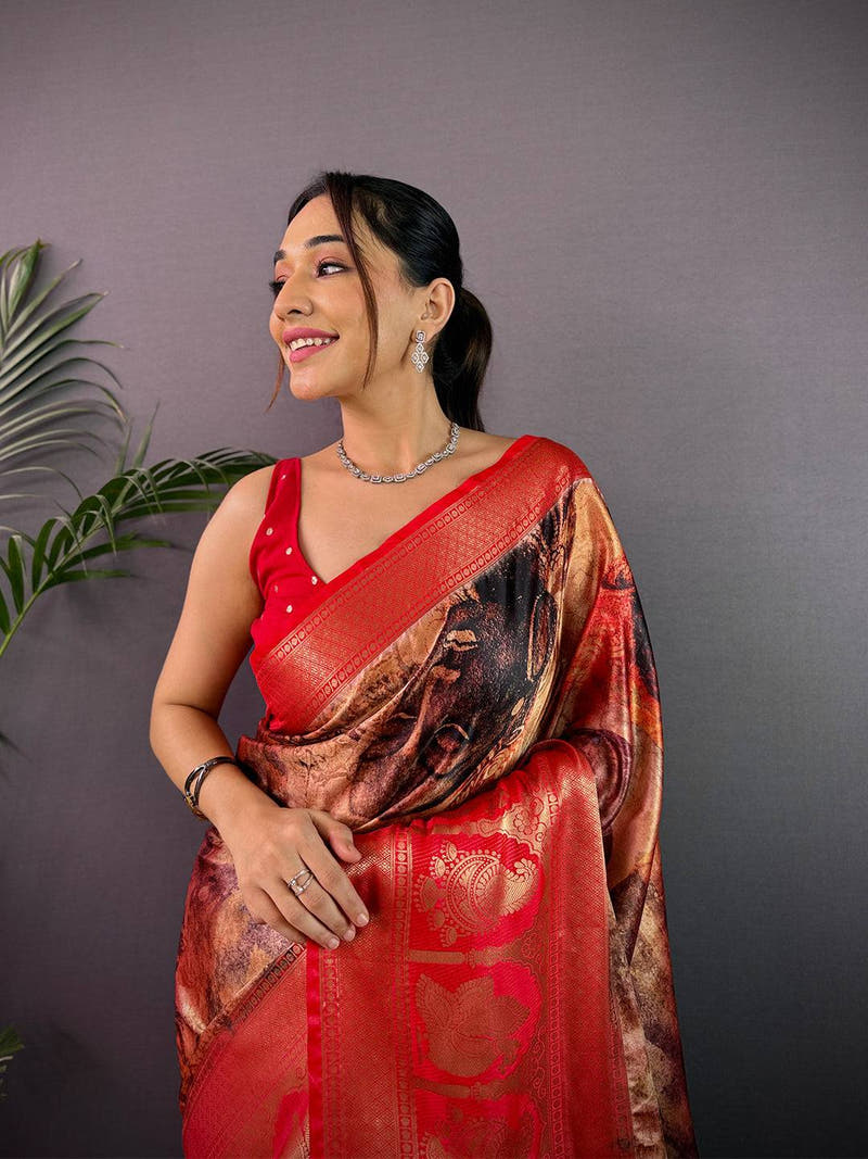 Heritage Soft Cherry Satin Kalamkari Print Saree