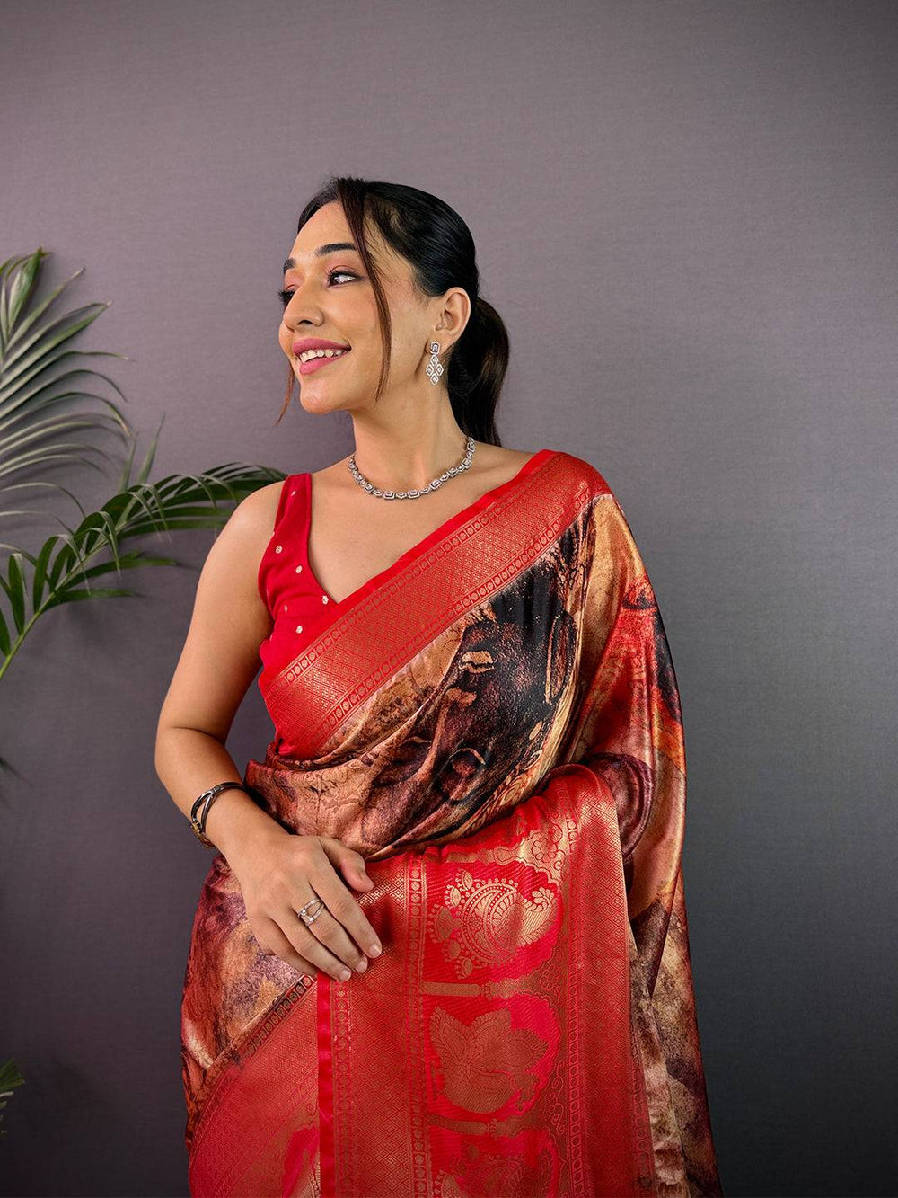 Heritage Soft Cherry Satin Kalamkari Print Saree