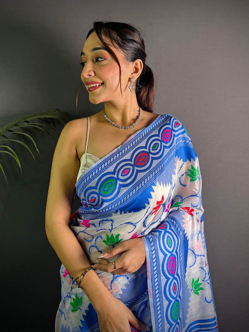 Sky Blue Dhakai Jamdani Soft Cotton Silk Saree