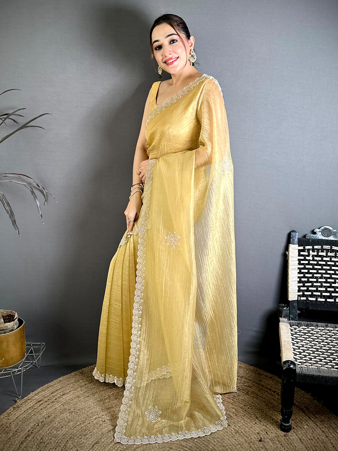 Stylish Silver Diamond Cutwork Tissue Saree
