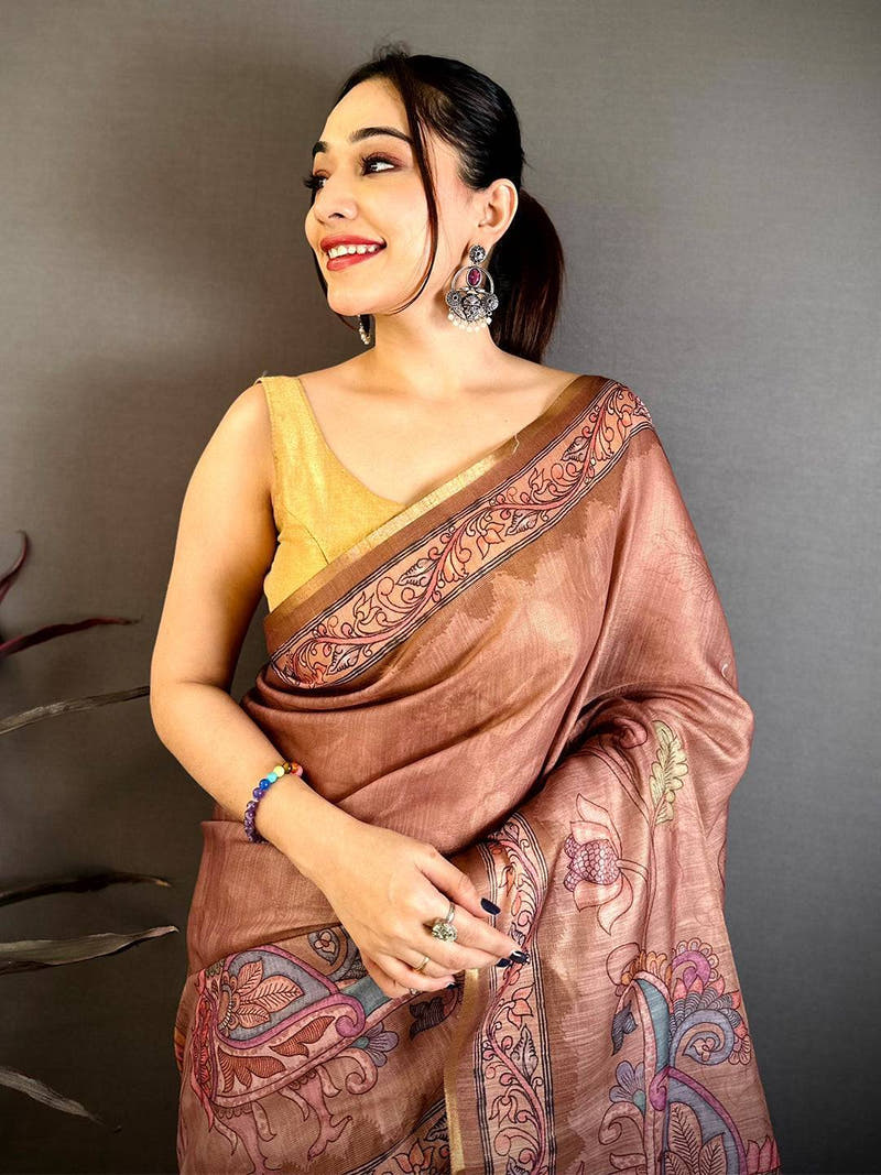 Brown Vintage Pen Kalamkari Chanderi Saree