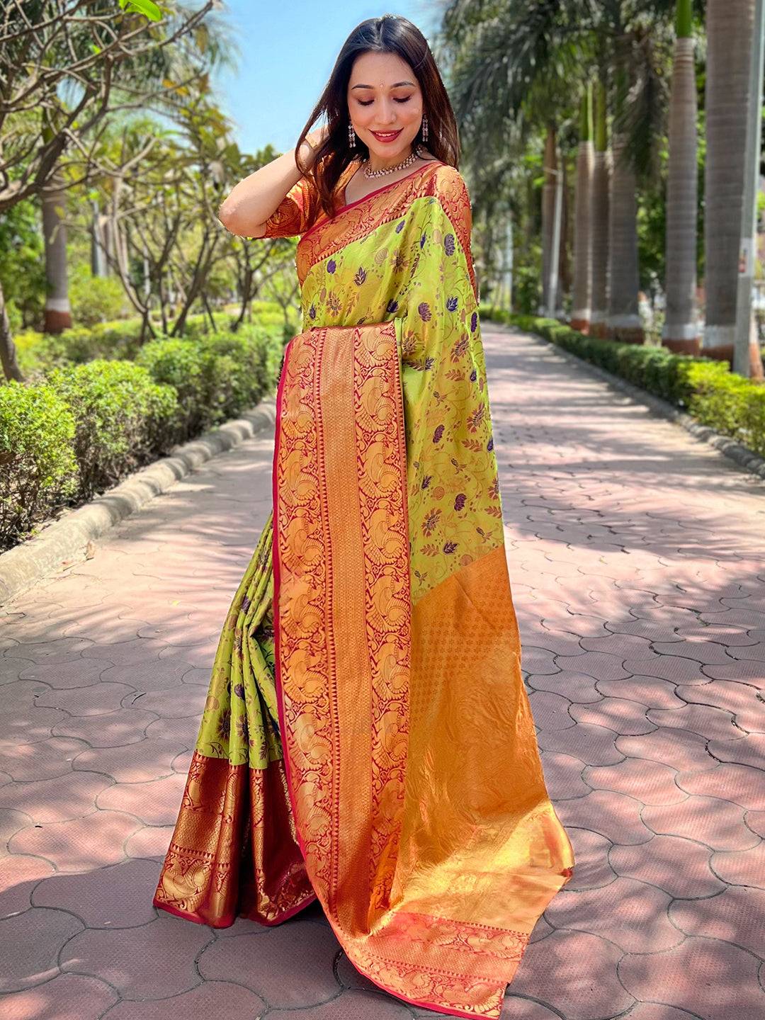 Sophisticated light green Banarasi saree with rich patterns